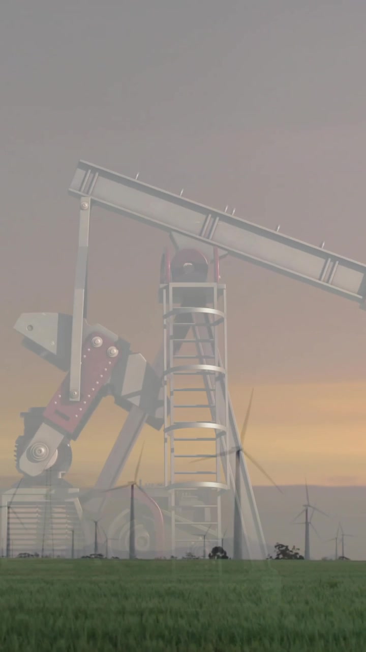 Operating in green field, oil pumpjack and wind turbines during sunset animation
