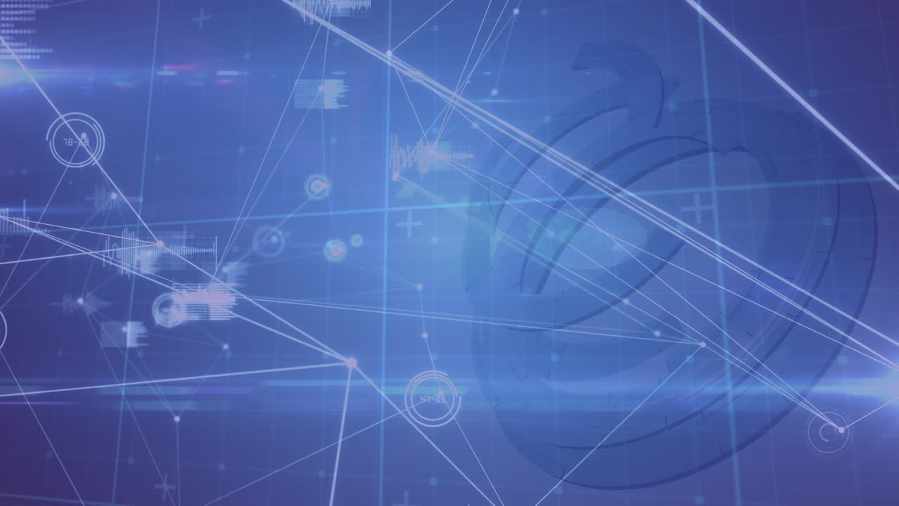 Animazione di una rete di connessioni su cerchi e scie luminose