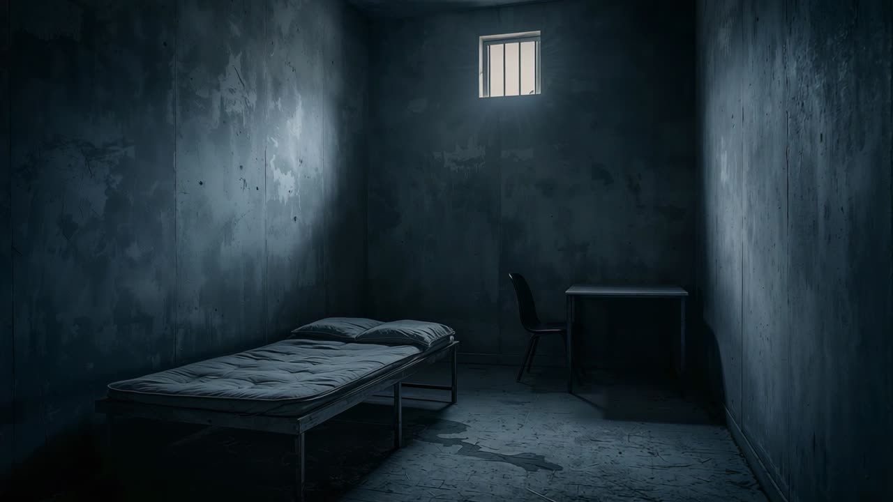 Recording camera filming metal bed left in cell while barred window light shifting, copy space