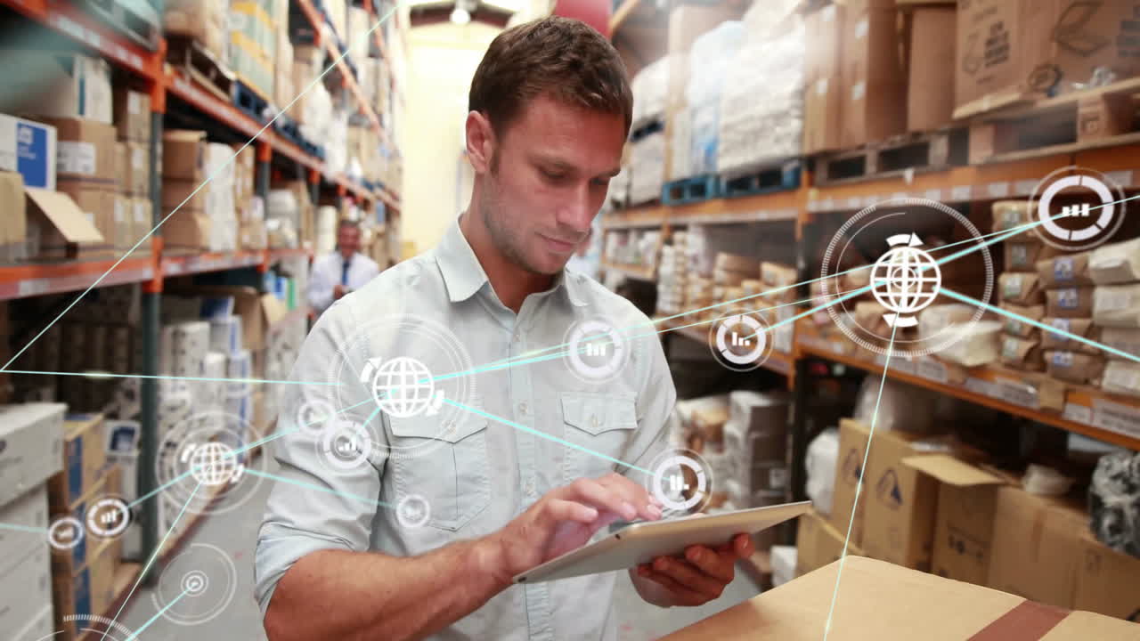 In warehouse, man using tablet with digital network animation overlay