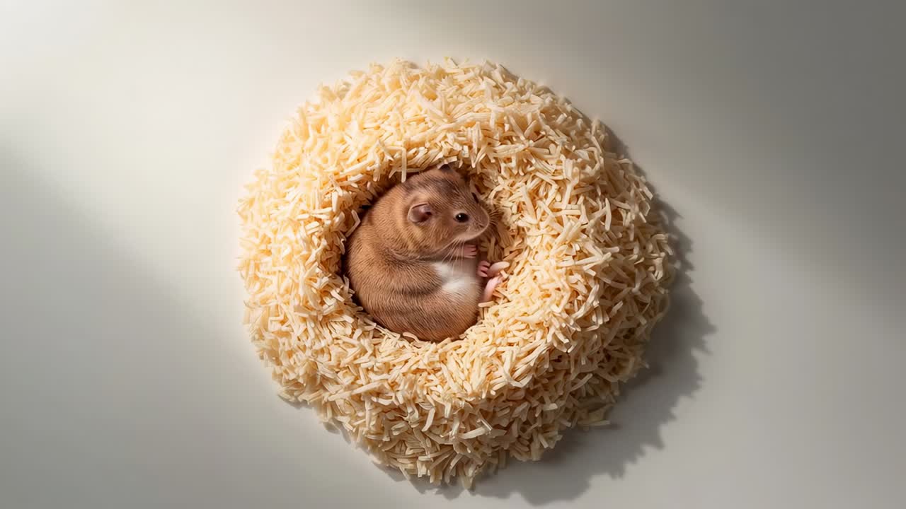 Goldhamster hebt den Kopf, schnuppert in einem Donut-Nest aus blassen Spänen auf einem weißen Tisch