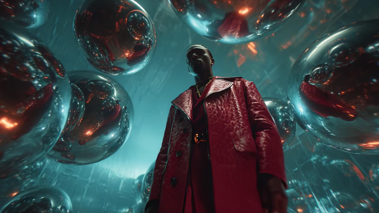 In a surreal and visually striking scene, a figure stands boldly at the center of a reflective environment filled with large, glossy spheres that create a captivating interplay of light and shadow, inviting viewers into a dreamlike atmosphere