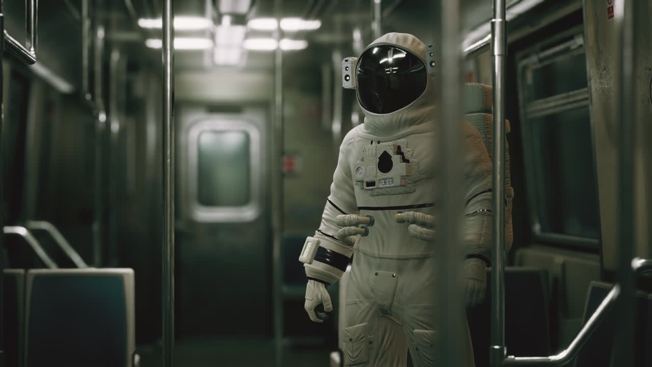astronauta dentro del viejo vagón de metro no modernizado en ee.uu.