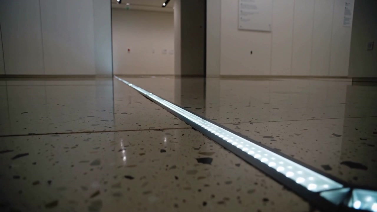 Dolly starting, low angle camera tracking recessed LED floor light strip in gallery