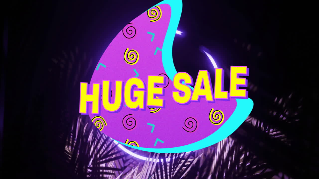Animation of huge sale text over colourful shapes and leaves on black background
