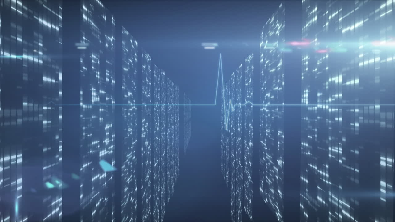 Animation of data processing over grid on blue background