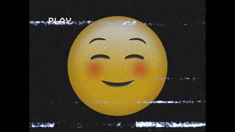 Digital-animation-of-vhs-glitch-effect-over-blushing-face-emoji-against-black-background