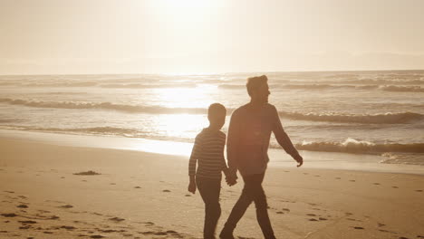 father and son walking along winter beach hand in hand