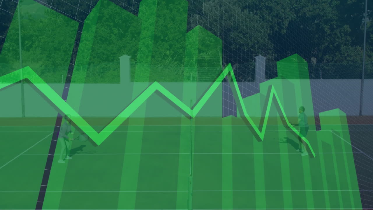Senior man swinging racket, senior woman returning serve on court, overlaying green finance graph