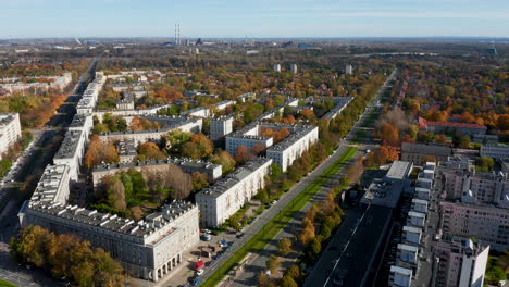 aerial view of nowa huta - the ideal siocialist district, during autumn time, krakow, poland