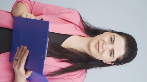 Vertical-video-of-Business-woman-showing-her-mind-looking-at-camera.