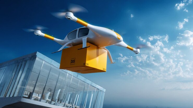 A futuristic drone delivering a package against a backdrop of a clear blue sky and modern architecture, showcasing advanced technology in logistics and transportation