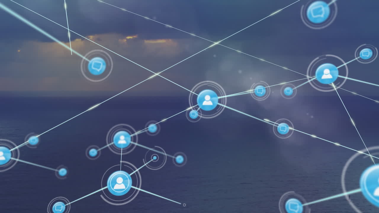 animación de puntos conectados con líneas sobre vista aérea del mar contra un cielo nublado