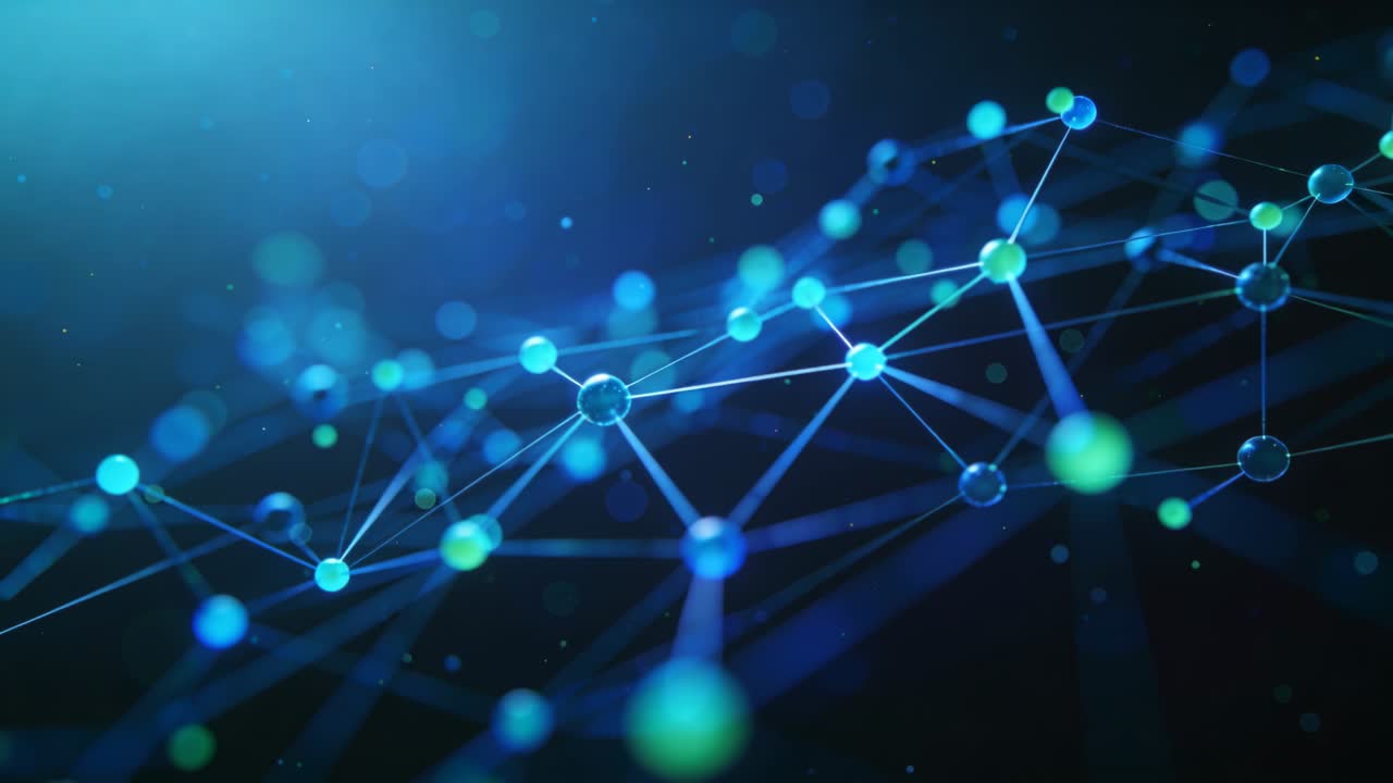 Shifting camera revealing node-line mesh in deep blue space to highlight glowing green nodes
