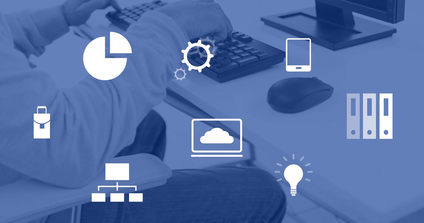 Animation of financial data processing over man using computer in office