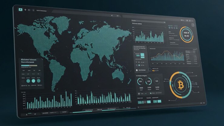Digital Dashboard Displaying Global Data and Cryptocurrency Analytics