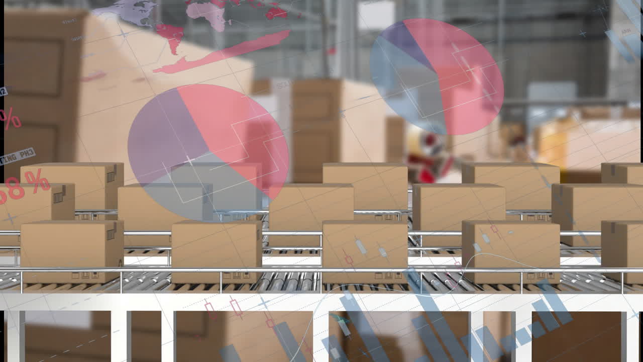 매장 컨베이어 벨트에서 움직이는 상자에 대한 데이터를 처리하는 차트 및 그래프의 애니메이션