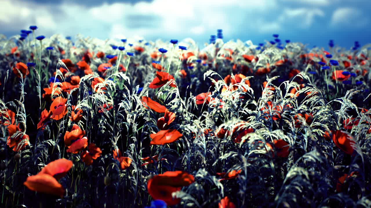 Vibrant wildflower field blanketed in red and blue blooms under a cloudy sky