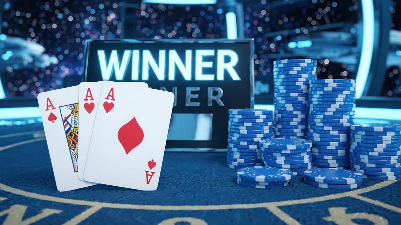 Una scena di vittoria cosmica al casinò con carte e fiches vincenti su uno sfondo spaziale stellato, che celebra fortuna e abilità in un ambiente di gioco unico.