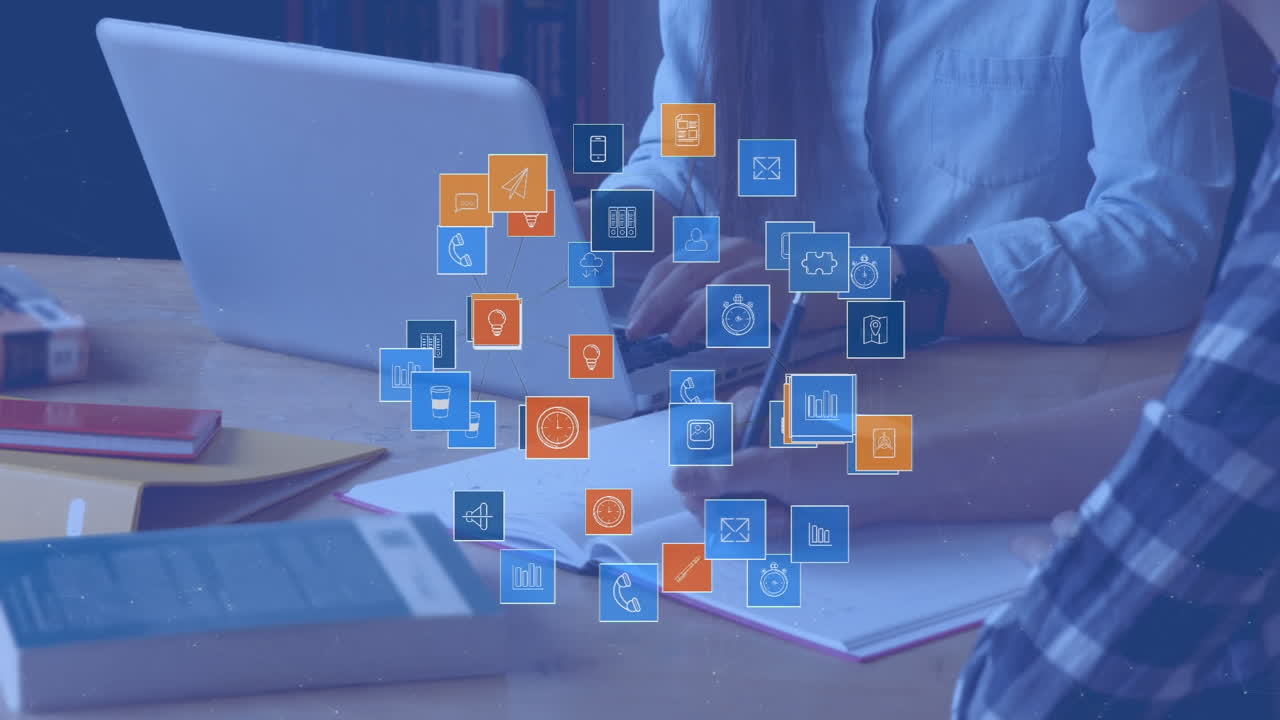 Students studying with notebook and laptop