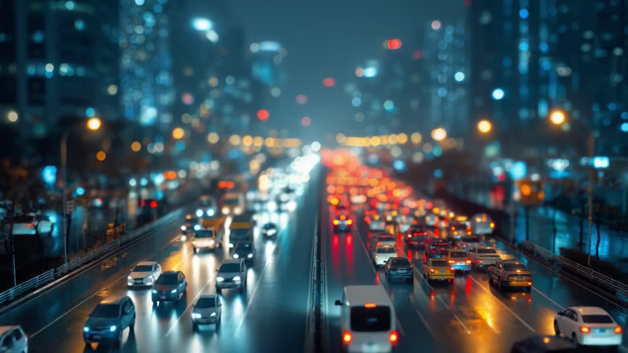 A Vibrant Cityscape at Night: A Stunning Scene of Traffic Flowing Along a Busy Urban Highway Amidst Glittering Lights and Skyscrapers