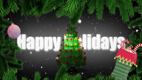 animación de abeto sobre texto de felices fiestas y árbol de navidad en fondo negro