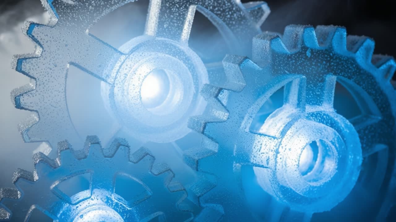 Intricate Frosted Gears Mesmerizingly Illuminated by Cool Blue Light Creating an Enigmatic Atmosphere with Beautiful Textures and Details