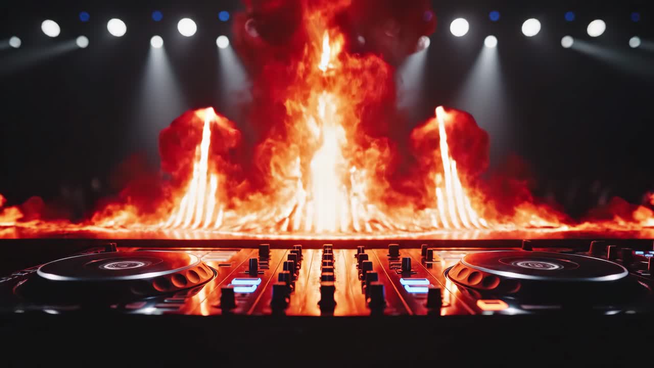 DJ Turntable on Stage with Fire and Lights