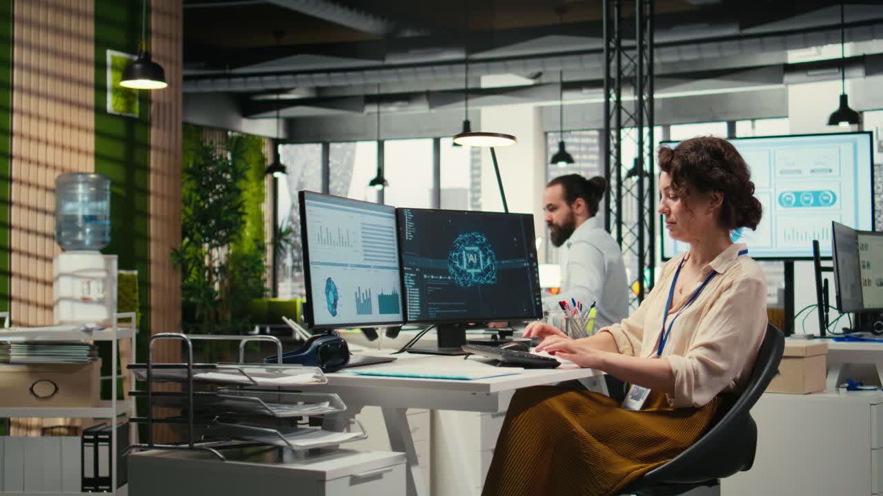 Vertical Video Office administrator checking monthly reports with AI analytics platform