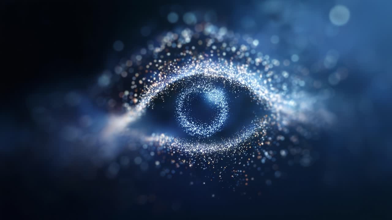 Un'immagine ravvicinata ipnotica di un occhio cosmico scintillante, circondato da una serie luminosa di stelle e particelle, che trasmette un senso di meraviglia ed esplorazione nell'universo