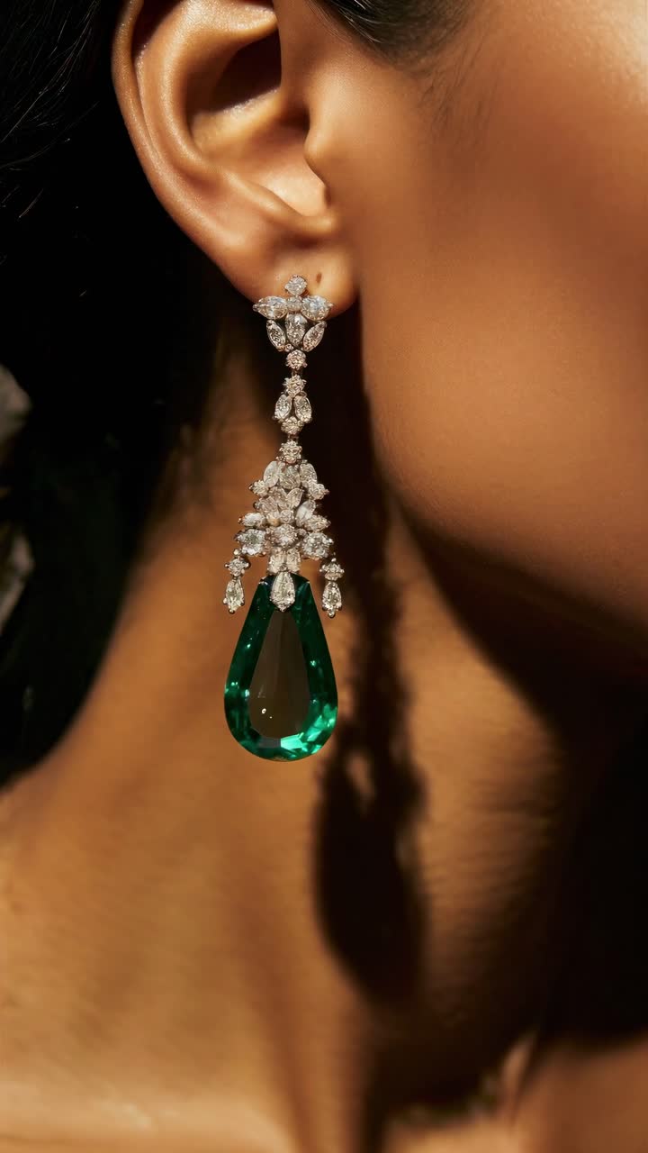 Close-up shot of an elegant emerald earring on a woman's ear, highlighting luxury