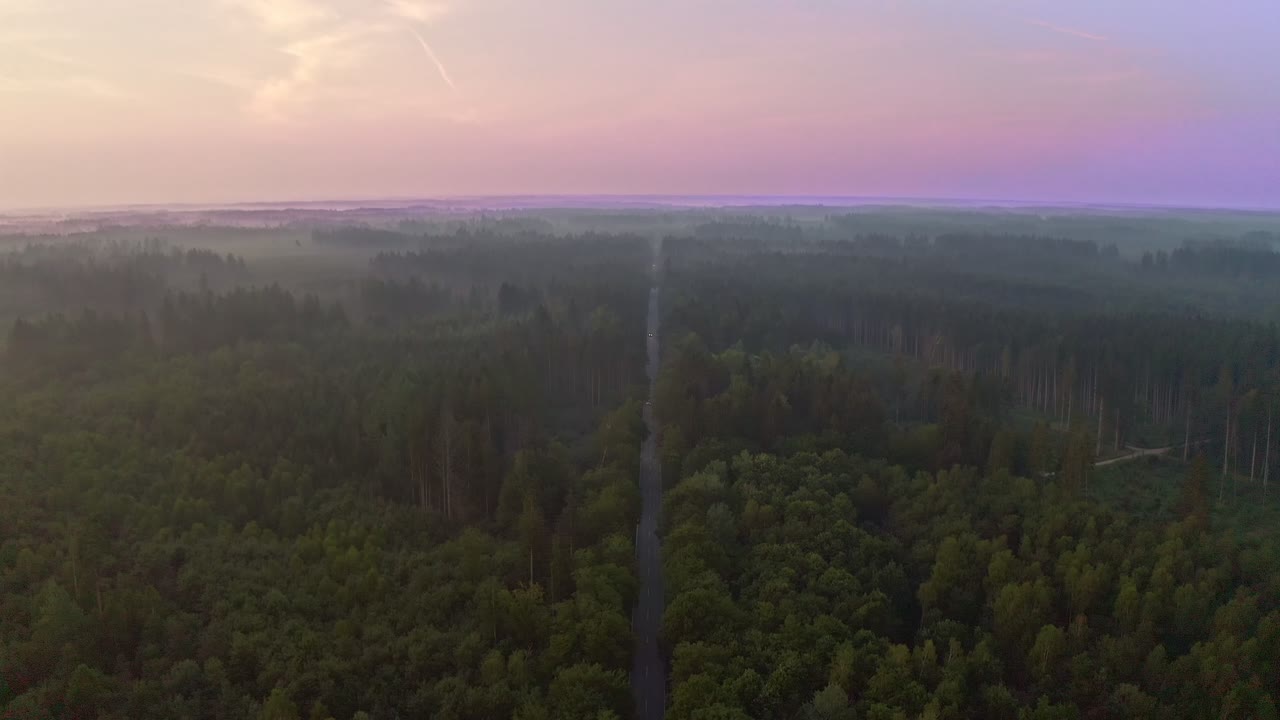 Look down shot over a violet sky forest following the camera view to a passengers car driving down the idyllic road