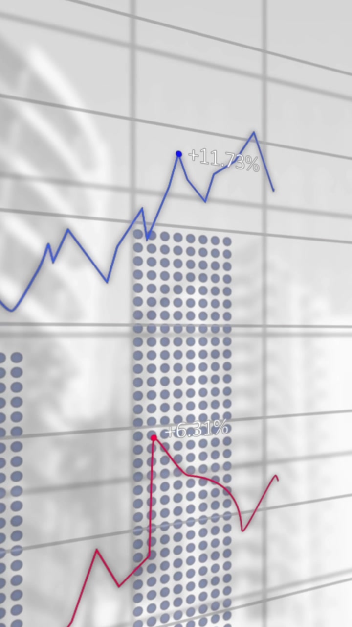 Animation of multiple graphs with numbers over low angle view of modern building against sky