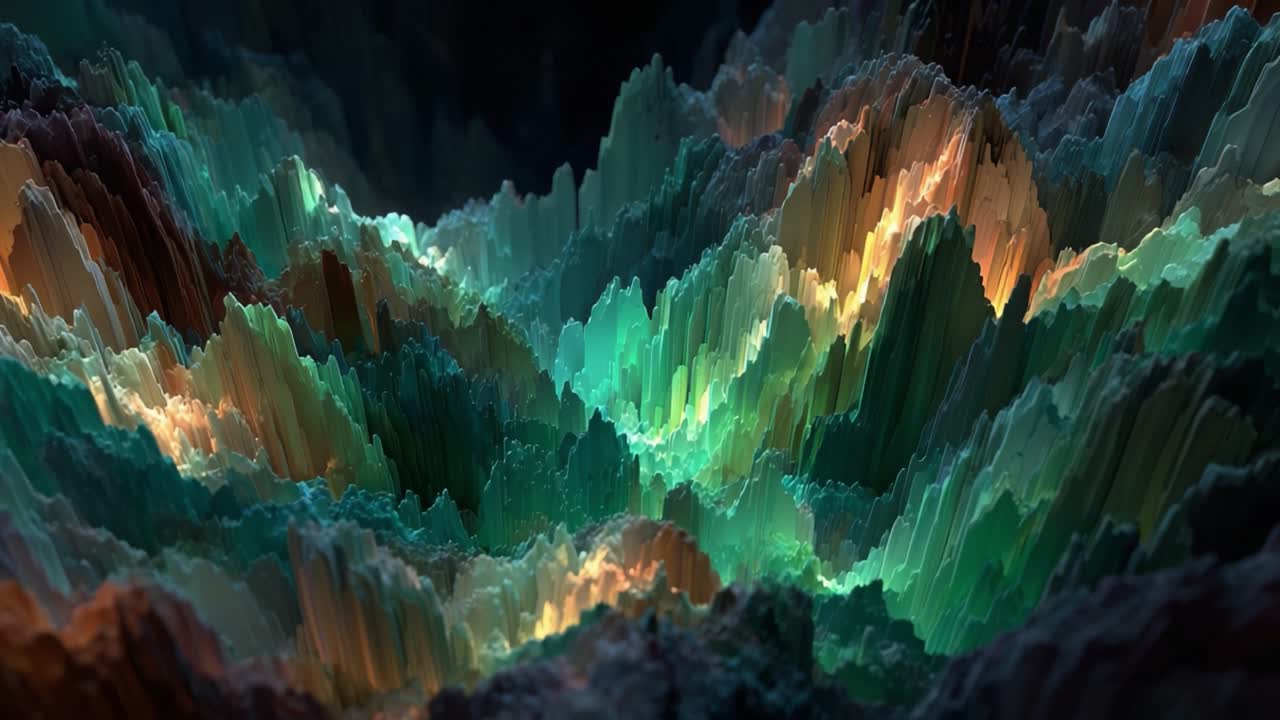 Ethereal and futuristic digital landscape with glowing green and orange crystalline formations slowly undulating, creating a sense of a surreal and otherworldly environment in perpetual motion
