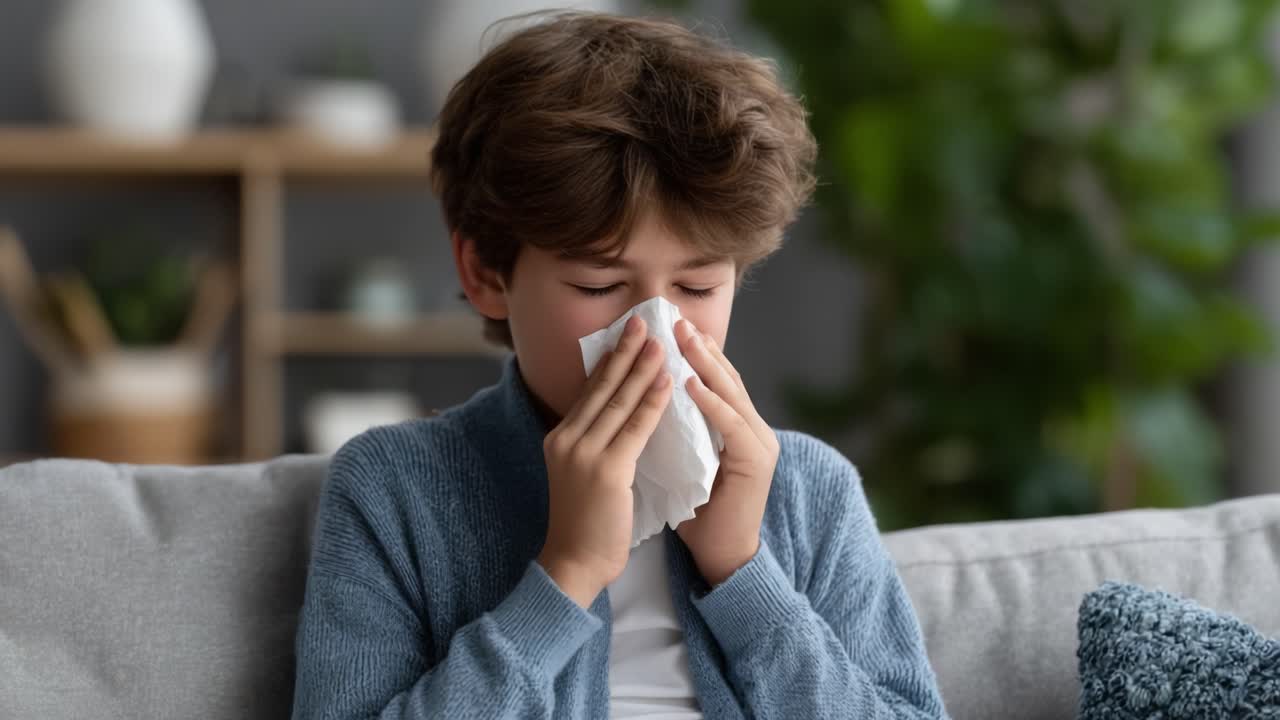 A young boy experiencing discomfort at home, visibly upset and dealing with a tissue, showing signs of an emotional or physical struggle in a cozy living environment