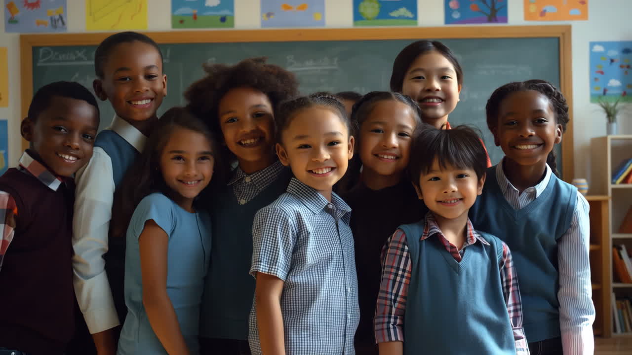 Group of happy and diverse elementary school children in a classroom