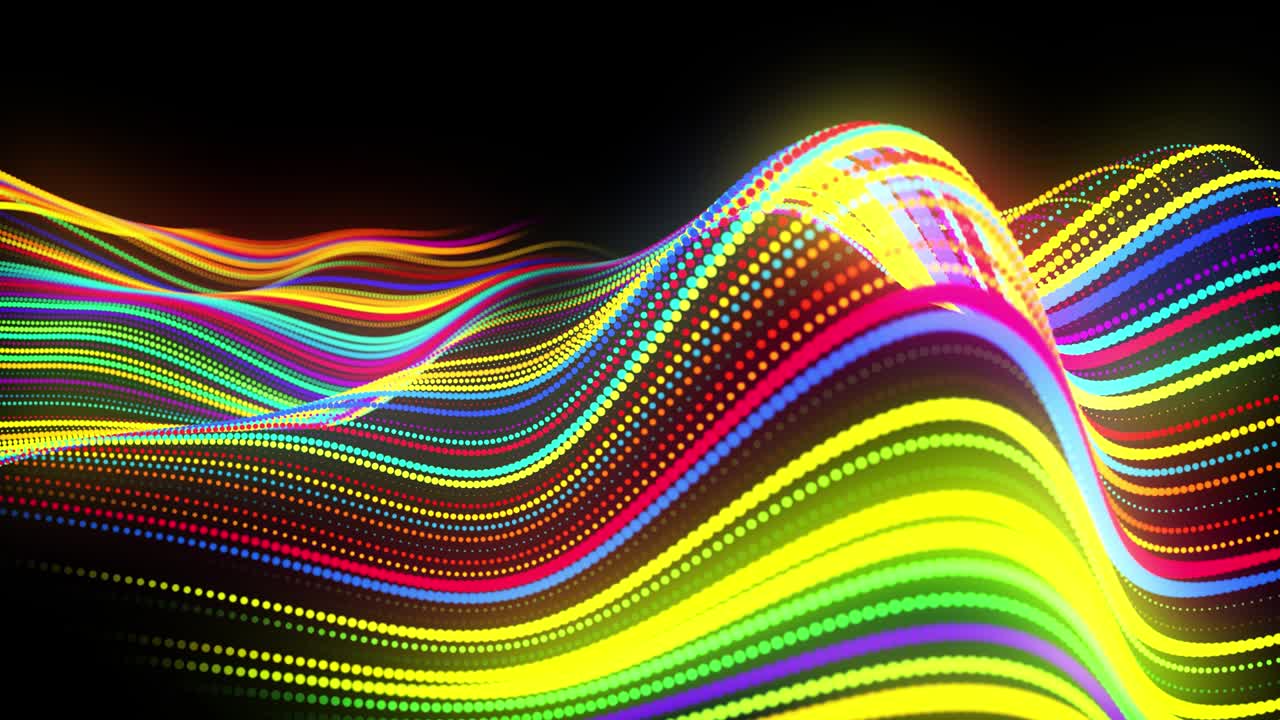 vj bucle festivo con partículas multicolores y cámara animada suave. bg 3d abstracto con partículas de brillo alineadas en fila a lo largo de líneas onduladas curvas en el espacio 3d. fondo de diseño de movimiento.