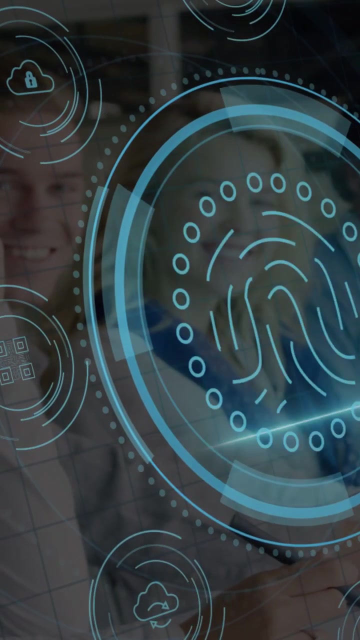 Vertical video: Team with DATA PROTECTION appearing HUD rings scanning print fading covering faces