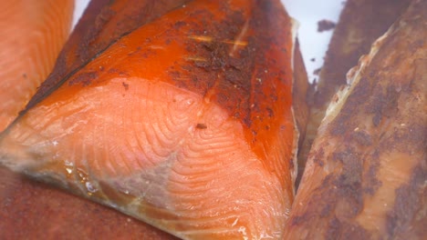 close-up of smoked salmon fillets