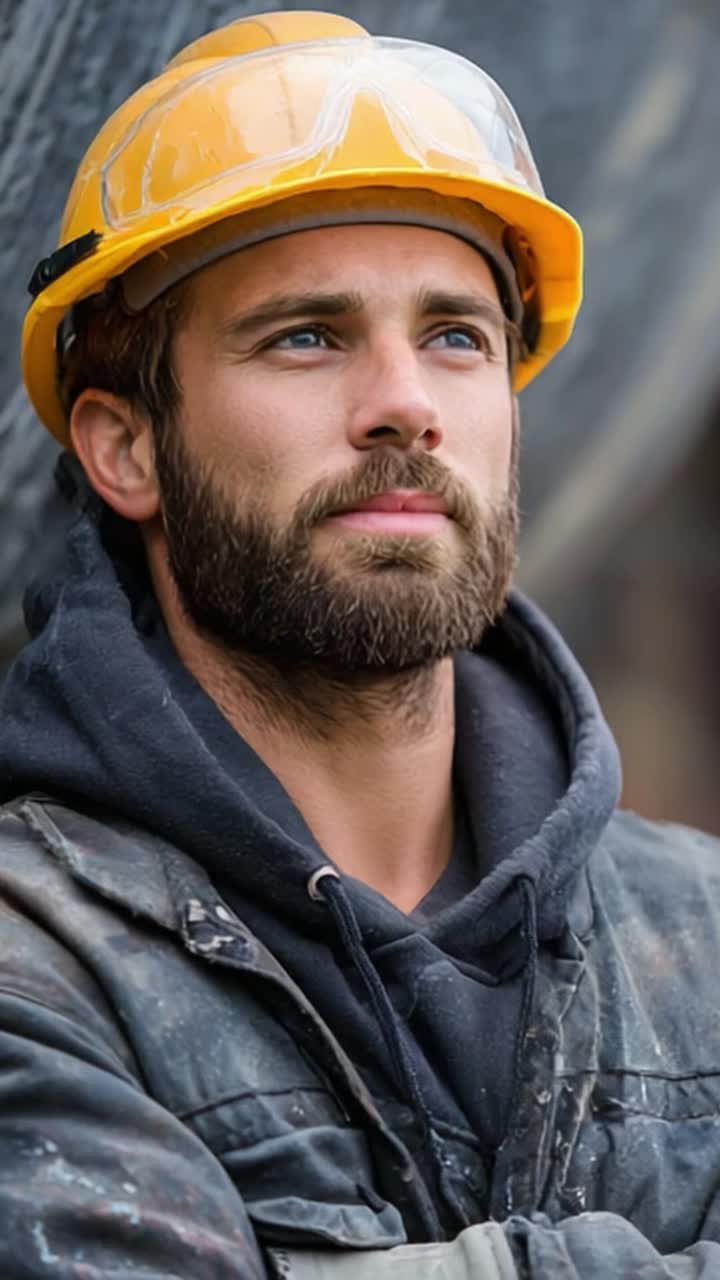 Contemplative Construction Worker in Safety Gear: A Thoughtful Moment Captured Amidst a Busy Job Site, Reflecting on the Challenges Ahead and Future Endeavors