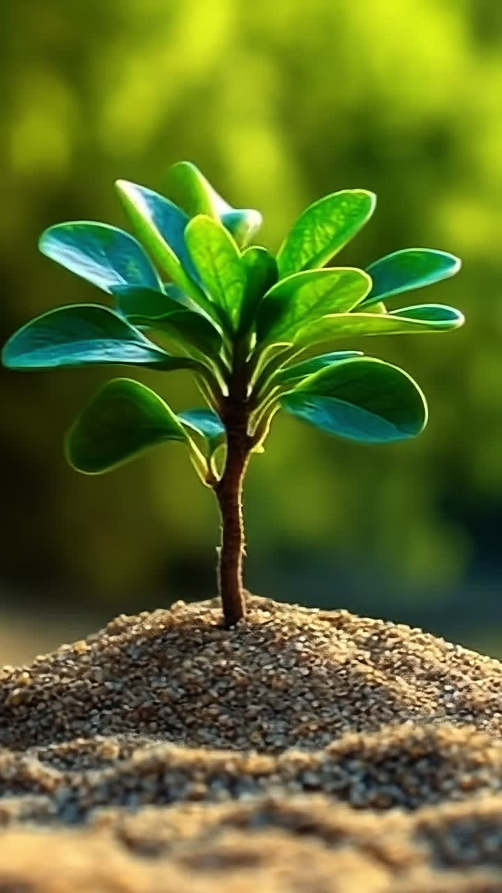 Sandy soil plant at sunset. A small green plant emerges from sandy ground under soft sunset light, symbolizing resilience and growth in nature.