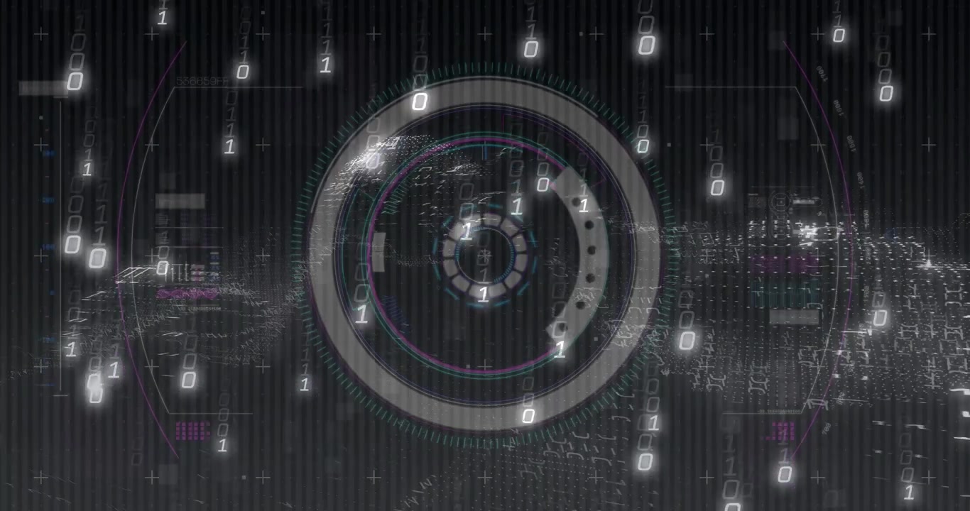 Binary rain starting HUD pulsing glitching UI particle ribbon oscillating for data display