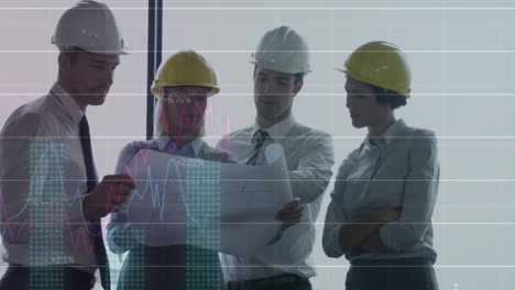 animación del procesamiento de datos financieros en diversos arquitectos con planes en la oficina