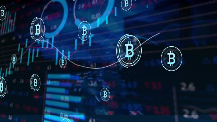 Animazione di icone Bitcoin su grafici multipli con numeri che cambiano su un tabellone di trading