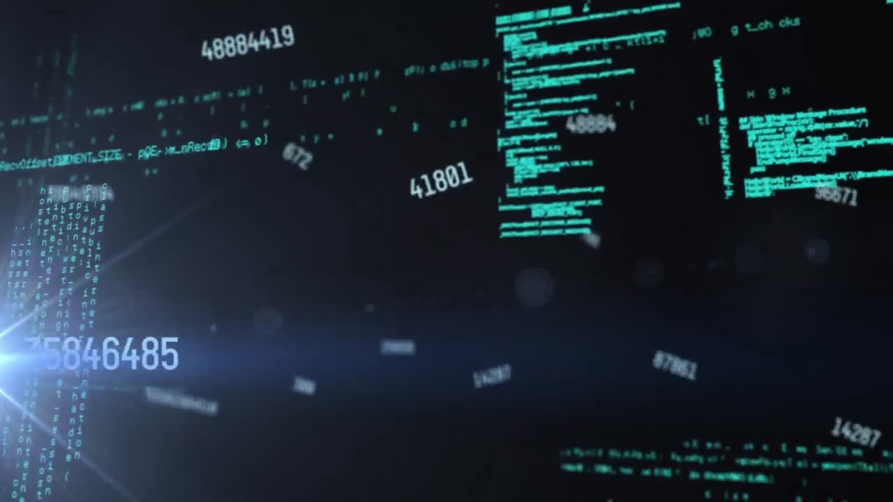 Animation of changing numbers, computer language and lens flares over black background