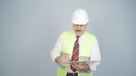 el ingeniero examina el proyecto en sus manos.