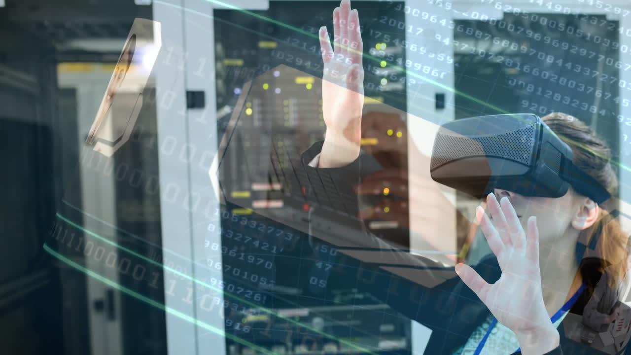usando auriculares de realidad virtual, mujer interactuando con datos digitales en la sala del servidor