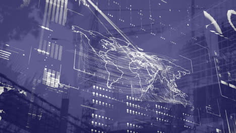 animation of data processing and world map over cityscape