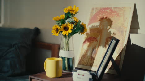 bedroom still life with sunflowers