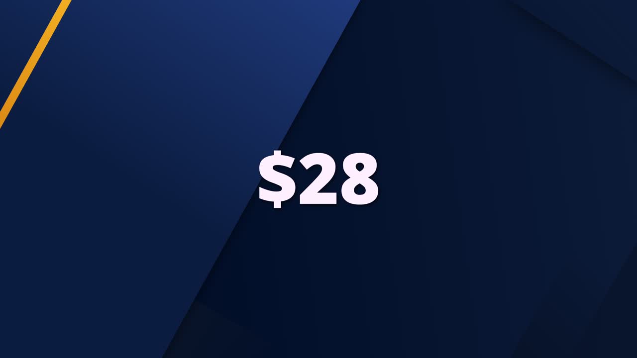 A modern and clean animated graphic showing a price tag of $28. Ideal for use in e-commerce, digital ads, promotions, and product highlight videos